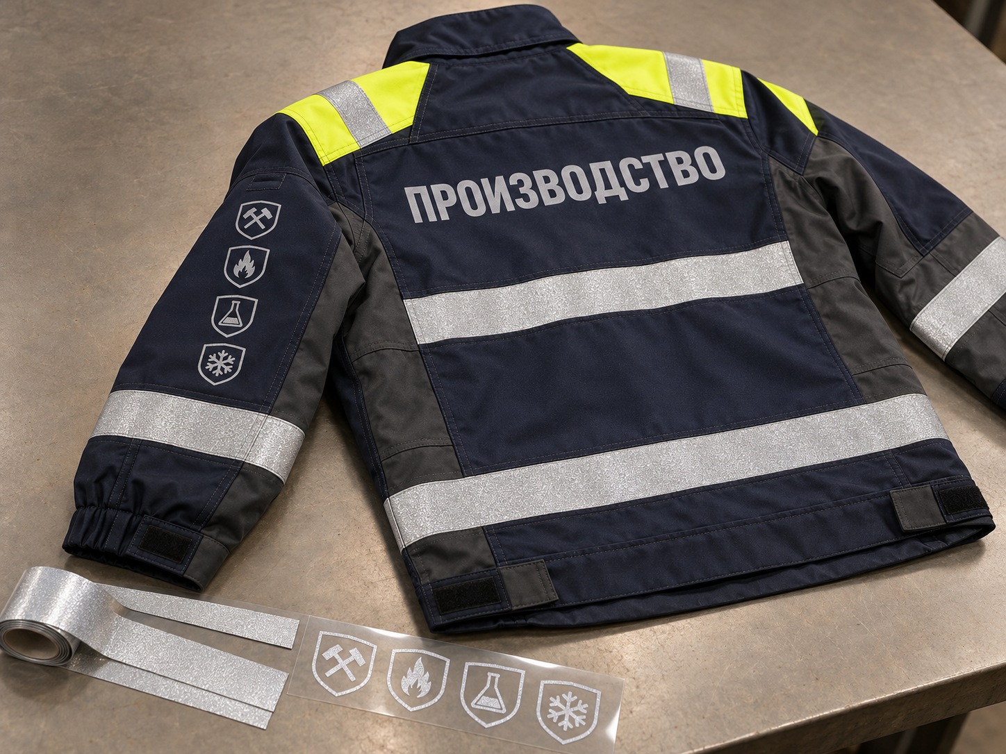 Производственная спецодежда со световозвращающими полосами, надписью и защитными пиктограммами из плёнки