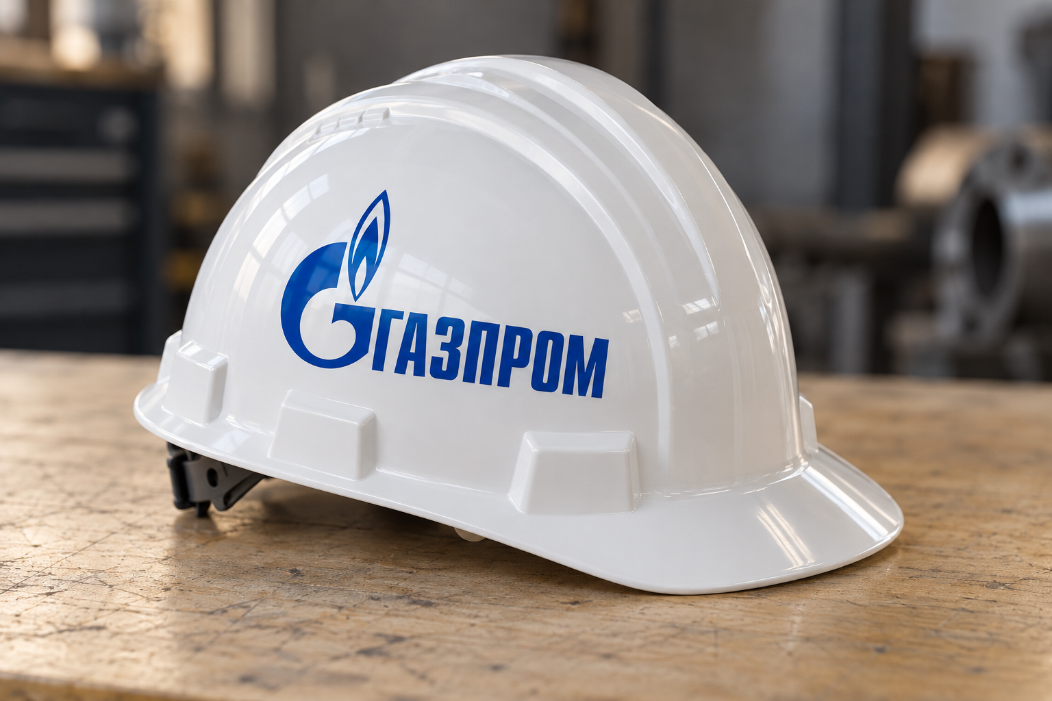 Визуализация УФ-DTF наклейки с логотипом Газпром на белой каске